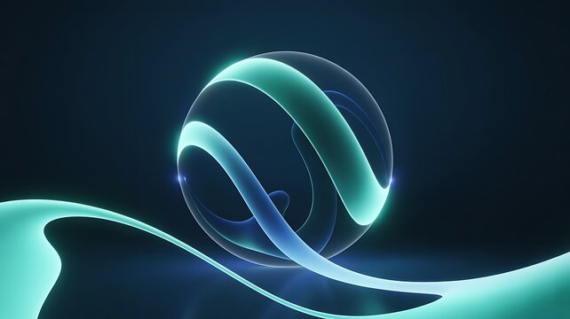 Abstract 3d sphere with glowing teal lines and a smooth flowing ribbon against a dark blue background