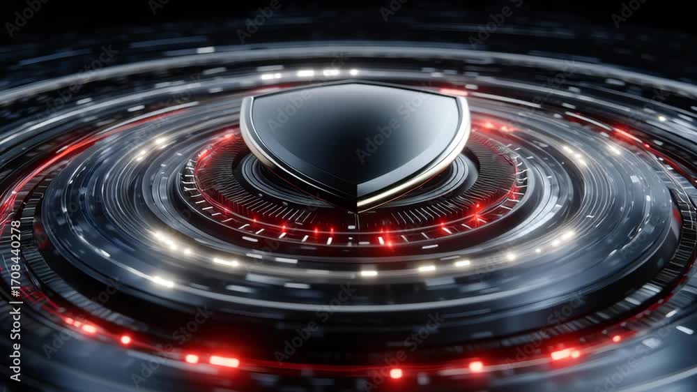Aufkleber 3d visualization of a black shield surrounded by swirling red and white digital lights in a futurist