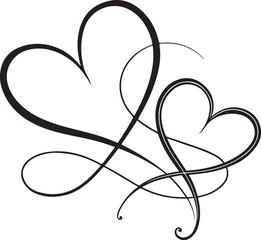 Two Hearts, Love, St. Valentine's Vector Illustration, Sketch Drawing Line Linear Symbol Icon Engraving Coloring Book, Hand-drawn Doodle Black and White Isolated