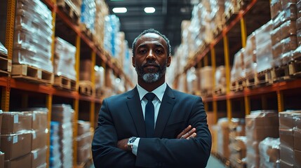 A confident businessman stands with arms crossed in a modern warehouse surrounded by shelves of goods