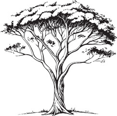 Palo Santo Tree in Forest, Vector Illustration, Sketch Drawing Line Linear Symbol Icon Engraving Coloring Book, Hand-drawn Doodle Black and White Isolated