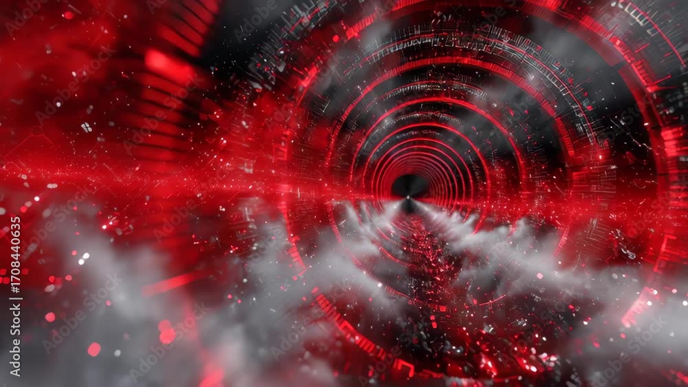Poster abstract animation of a hypnotic red and black tunnel with swirling smoke effects and futuristic vis