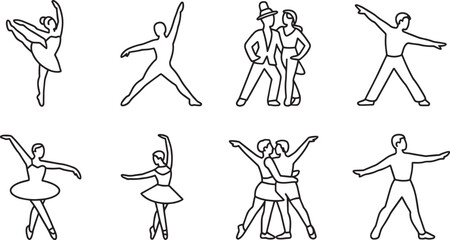 Ballet Dancer Icons Set Outline Style. Ballerina, Dance, Pose, Performance, Grace, Elegance