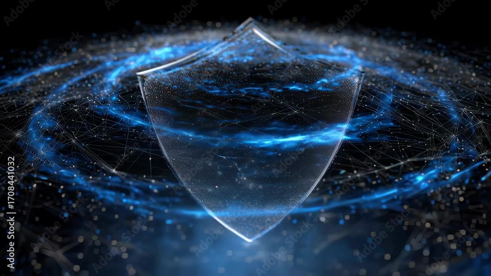 Aufkleber 3d visualization of a translucent shield surrounded by glowing particles and swirling light trails.a