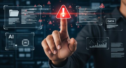 Cybersecurity and AI Risk Illustration Featuring Digital Warning Icon, Data Panels, and System Alert Interface in Futuristic Tech Environment
