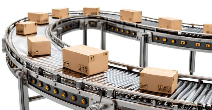 transparent background futuristic conveyor belt with cardboard boxes isolated