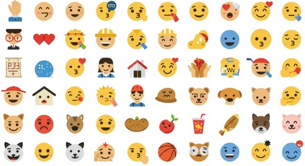  Vector Emoji Sticker Collection with World Flags, People, Hands, Animals, Food, Sports, and Activity Icons on White Background