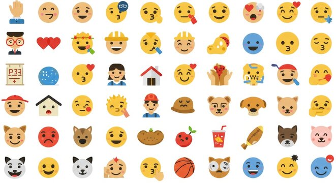  Vector Emoji Sticker Collection with World Flags, People, Hands, Animals, Food, Sports, and Activity Icons on White Background