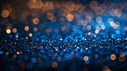 Close-up of shimmering blue and gold glitter particles with natural depth and soft ambient shadows, abstract and elegant for backgrounds or luxury branding