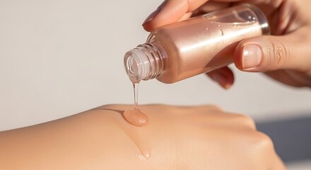 Hand Dispensing Shimmering Serum - Close-up of Skincare Application, Soft Lighting.