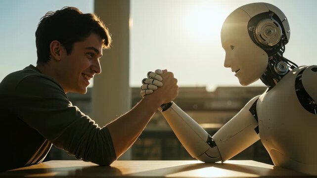 Man and robot arm wrestling showing human versus artificial intelligence. Technology challenge and competition concept footage.