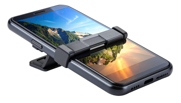 Smartphone in a dark gray adjustable holder