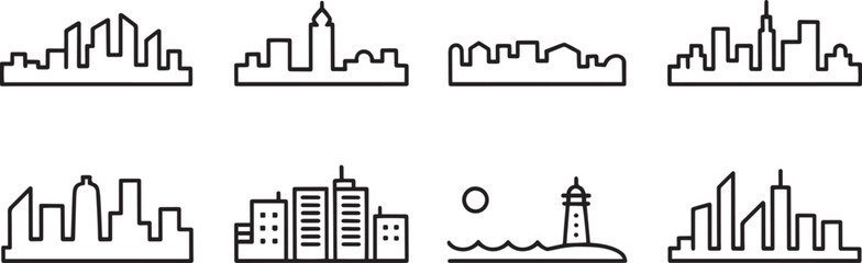 Obraz premium Cityscape Skyline Icon Set Line Art Style Featuring Buildings, Towers, and Landmarks