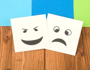 Two contrasting facial expressions on notepads against a colorful background