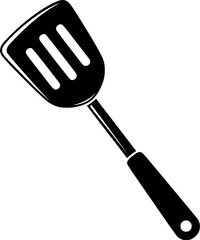 A sleek black spatula with ventilation slots and a hanging hole on a white backdrop