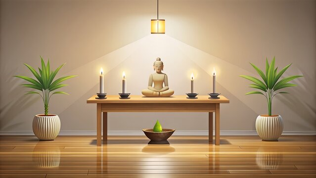 Serene buddha statue on a wooden table with candles and plants, creating a peaceful meditation altar - Powered by Adobe