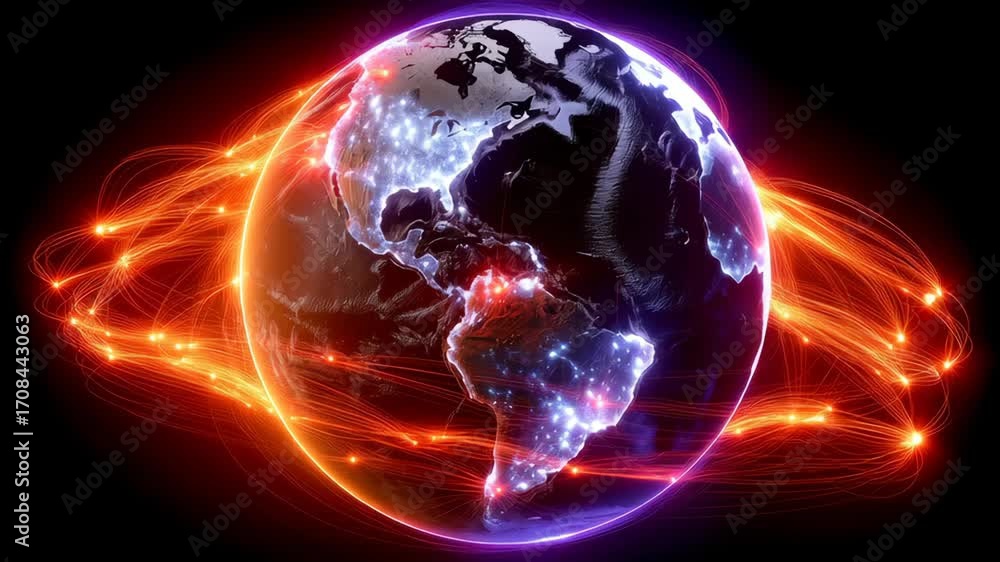 Poster digital representation of a glowing earth with vibrant neon colors and flowing light trails.animatio