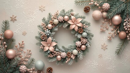 muted pastel holiday tones with soft wreath shapes, snow mist effect, warm and dreamy look