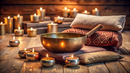 A collection of glowing candles and a tibetan singing bowl on cushions, creating a tranquil ambiance for meditation