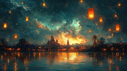 Obraz premium Magical city skyline with floating lanterns reflecting in calm water at sunset.