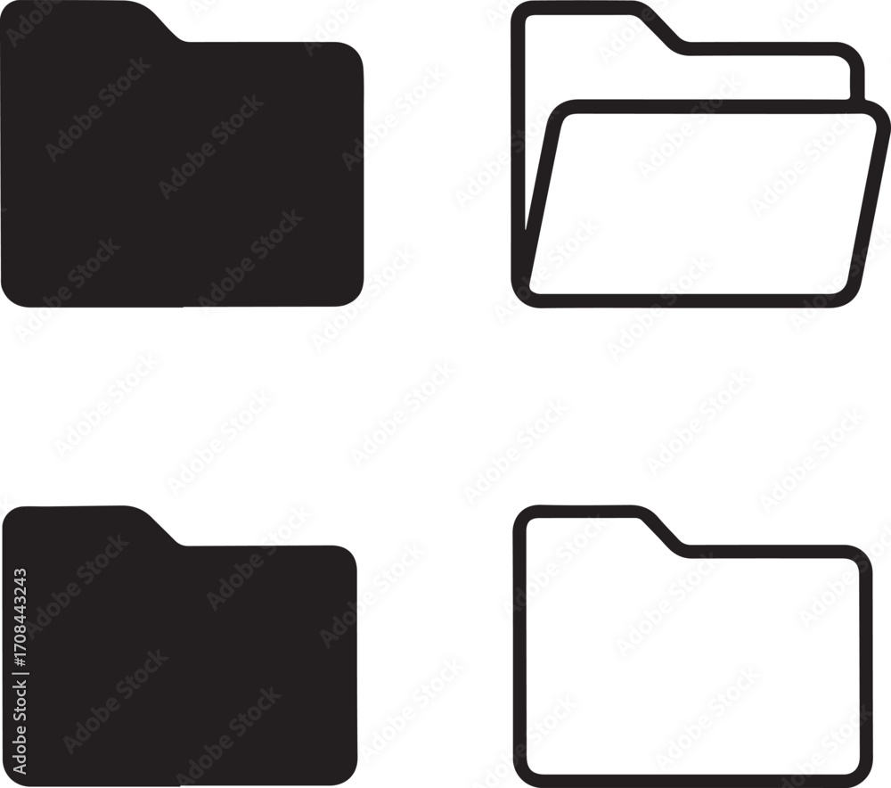 Poster file manager icon set,black file manager icons,folder,solid silhouette,line art outline,filled minim