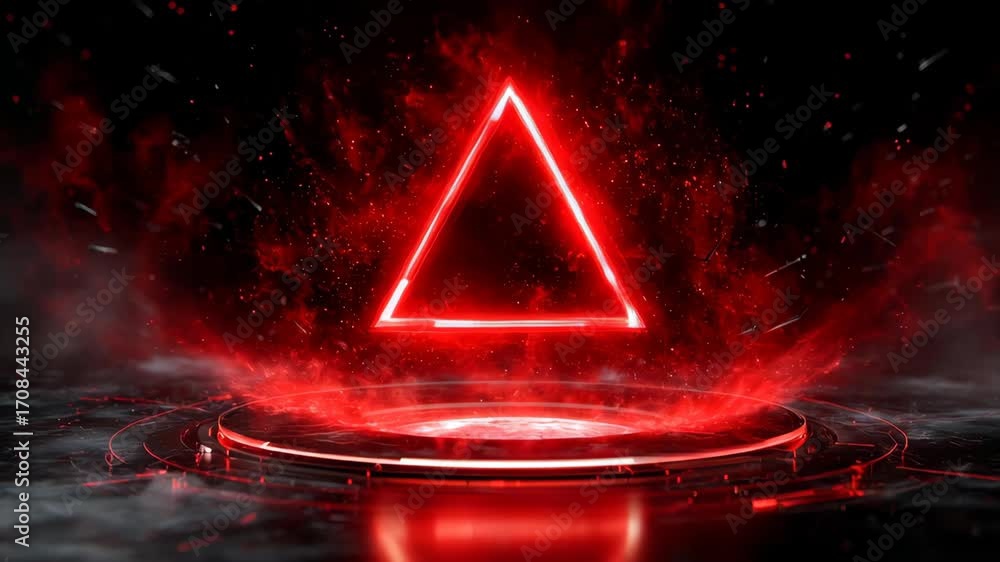 Poster dynamic 3d holographic visual of vibrant red energy and geometric shapes surrounded by shimmering pa