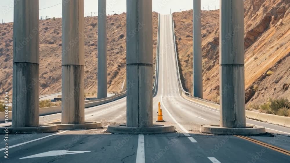Poster a view of a highway passing through a gap in the arid desert landscape, suitable for use in travel o