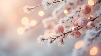 muted pastel holiday tones with soft wreath shapes, snow mist effect, warm and dreamy look