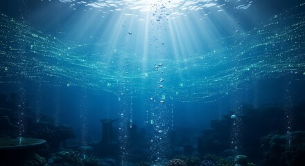Abstract underwater light rays shining down through deep blue water ripples