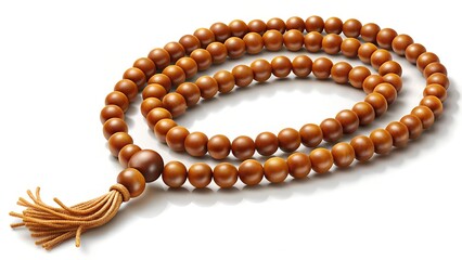 A strand of wooden prayer beads with a tassel, coiled on a white background
