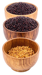 Three wooden bowls filled with seeds