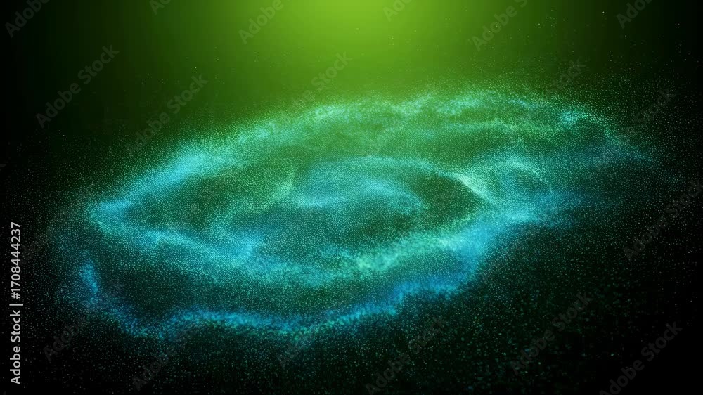 Poster abstract blue particle wave moving on a dark background with green glow. flowing digital data visual