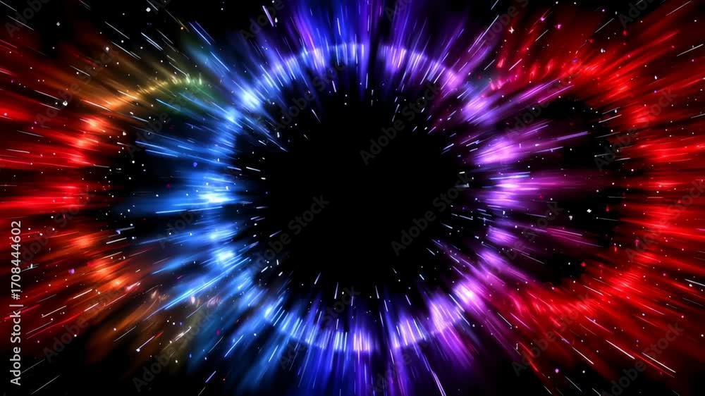 Poster dynamic circular animation with vibrant colors and radiant light effects in a black center.animation