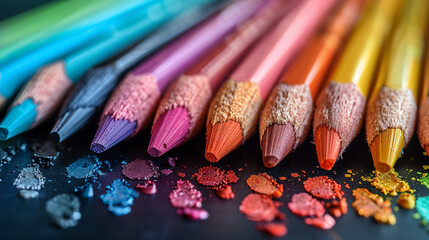 Obraz premium Top-down view of an open artist’s portfolio with vivid color swatches and sharpened pencils on a clean background, perfect for art and creative industries