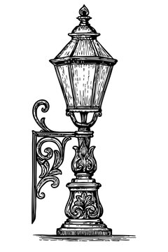 Vector Wallmate Illustration of Antique Street Lamp in Vintage Ornamental Style for Classic European Cultural and Heritage Wall Decoration