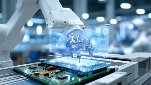 A robotic arm packages electronics in a cleanroom with components aligning static free tools clicking a digital display showing progress and technicians in clean suits shown