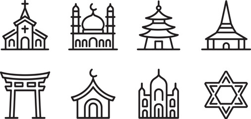 Diverse Religious Buildings Line Art Icons Representing Global Faiths and Cultural Heritage Symbols