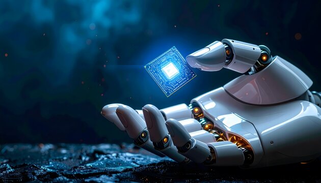robotic hand holding glowing microchip