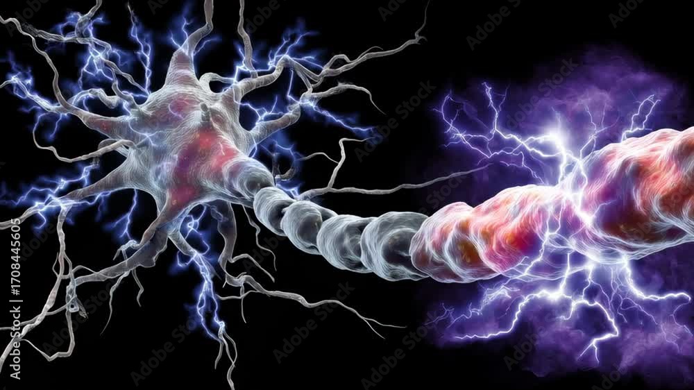 Poster dynamic neuron illustration with electric impulses on dark background showing connections and energy