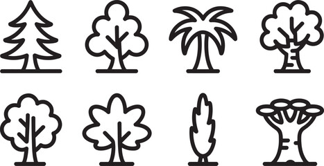Diverse Tree Icons Set Representing Nature Conservation and Environmental Awareness in Vector Format