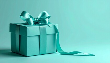 Teal gift box with shiny ribbon on teal background