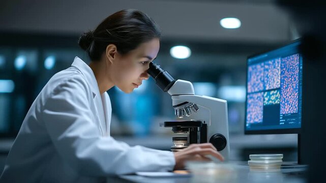 A scientist examines gene edited bacteria under a microscope with slides stained objectives focusing screens showing cells and petri dishes nearby presented in a vibrant photo
