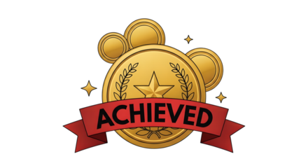 Golden medal with red ribbon and the word achieved, isolated on transparent background