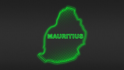 Fototapeta premium Neon Green Mauritius Map Outline Futuristic Digital Glow Halftone Illustration