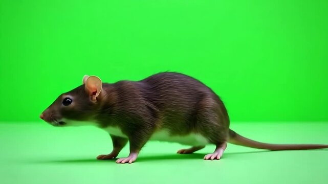 A curious brown rat stands alert on a bright green surface, its small eyes looking forward.