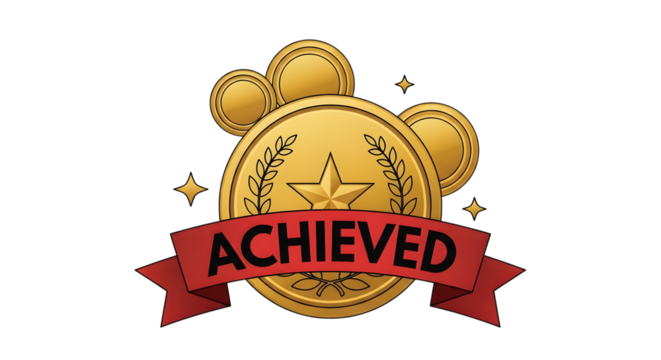 Golden medal with red ribbon and the word achieved, isolated on transparent background