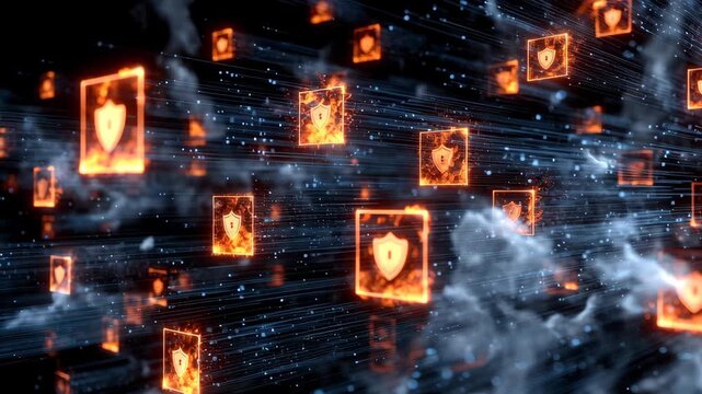 Dynamic Visualization of Glowing Digital Shields in a Dark Cyber Environment with Flowing Data Streams.animation loop concept