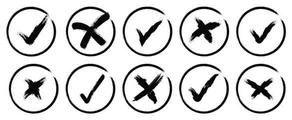 Set Hand drawn black circle check mark cross, x mark Icon set, right and wrong Vector sign Correct vote choice and rejection isolated symbol. Vector illustration.