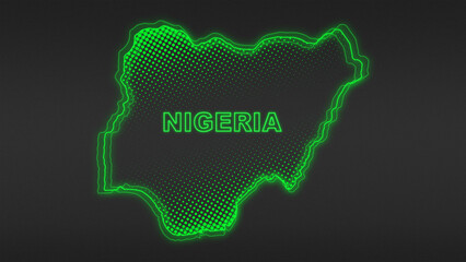 Neon Green Nigeria Map Outline Futuristic Digital Glow Halftone Illustration