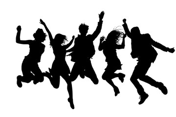 Dynamic group of diverse friends celebrating freedom and joy together, jumping with exhilarating energy for a vibrant, modern lifestyle concept.